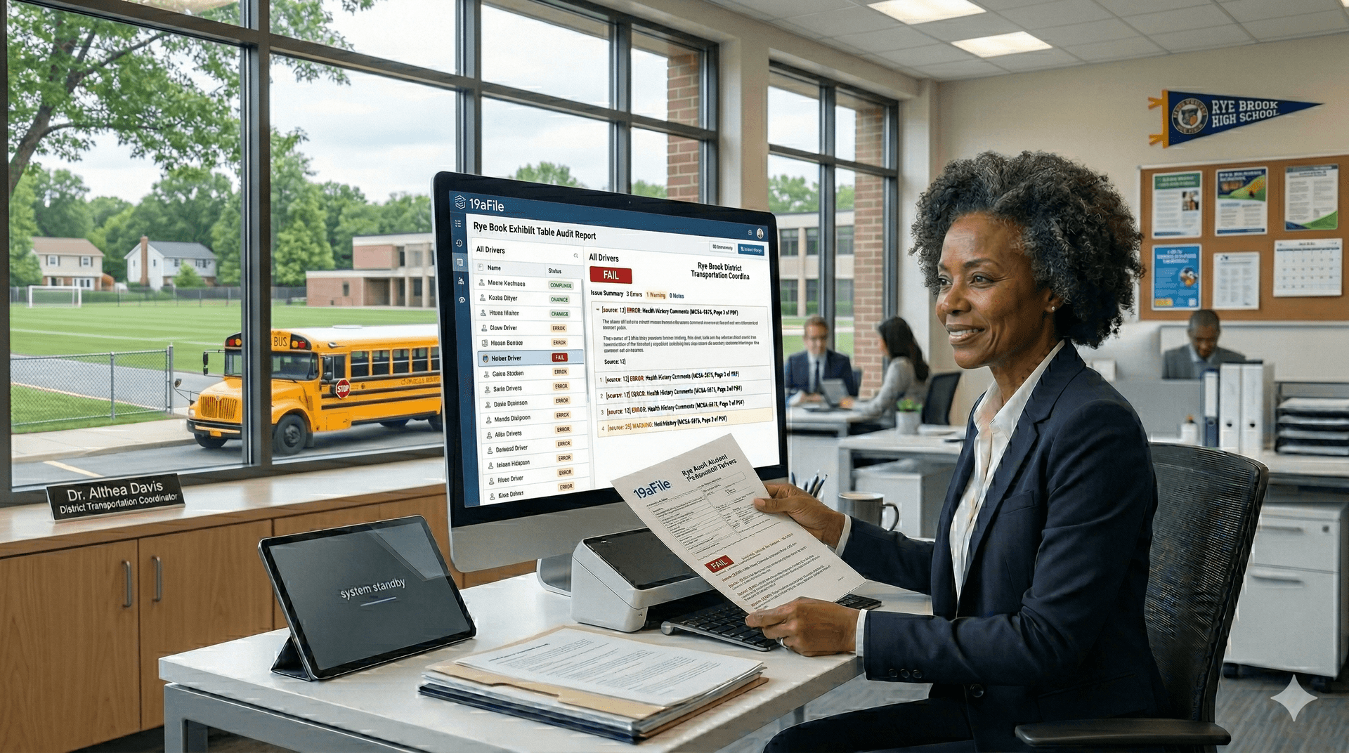 Transportation coordinator using 19aFile AI compliance system to validate bus driver records